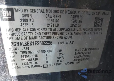 2015 Chevrolet Captiva Sport Lt from USA, damaged, VIN 3GNAL3EK1FS502256